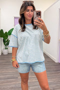light blue cream and brown horizontal striped drop shoulder short sleeve knit top