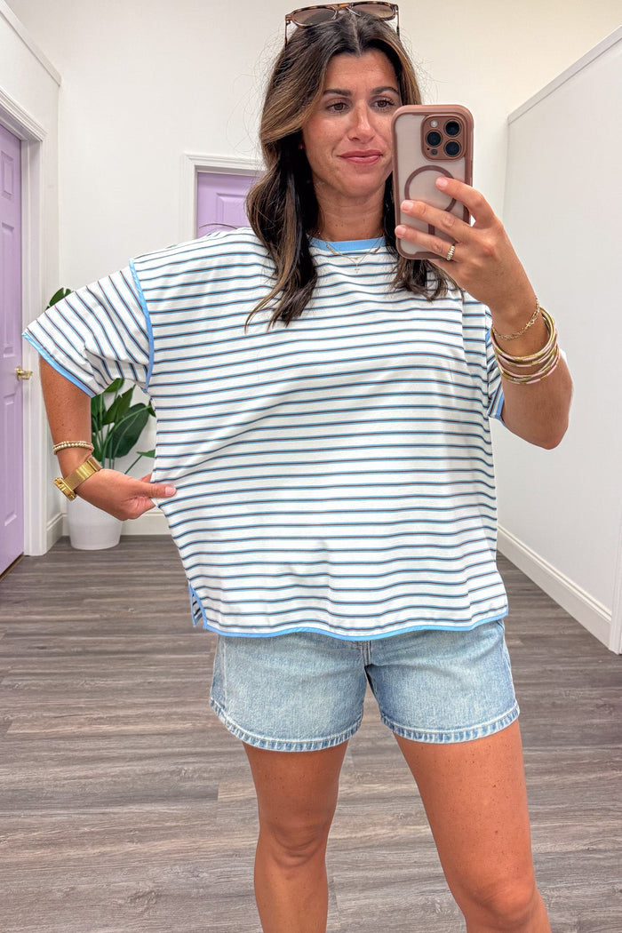 light blue cream and brown horizontal striped short sleeve relaxed silhouette knit top