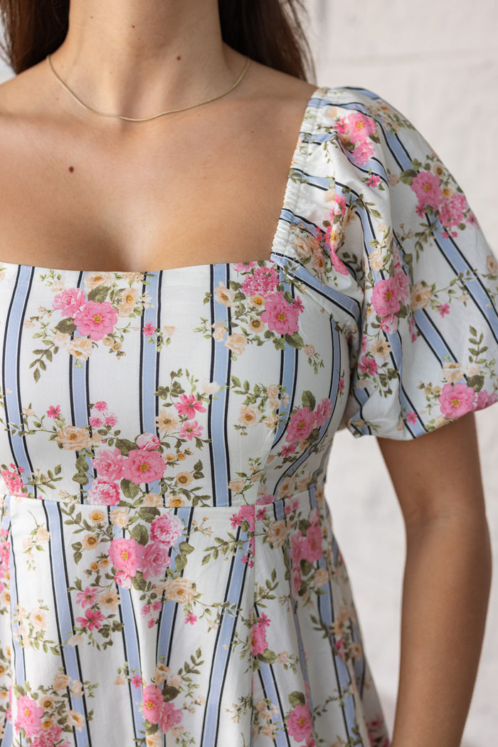 cream square neckline poplin midi dress with blue stripes and floral print