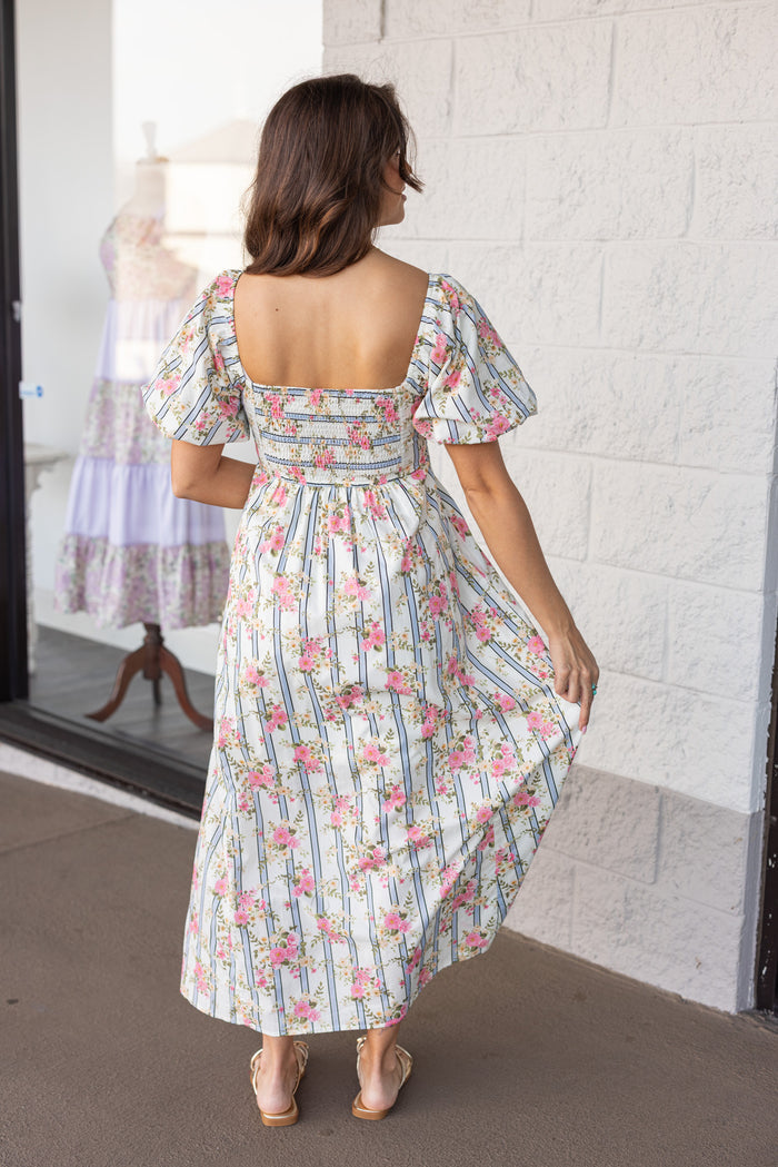 cream smocked back poplin midi dress with stripes and floral print