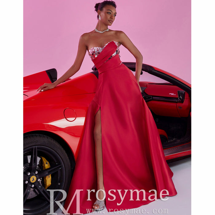Stunning A-line Strapless Sweetheart Long Prom Dress with Leg Slit - Rosymae