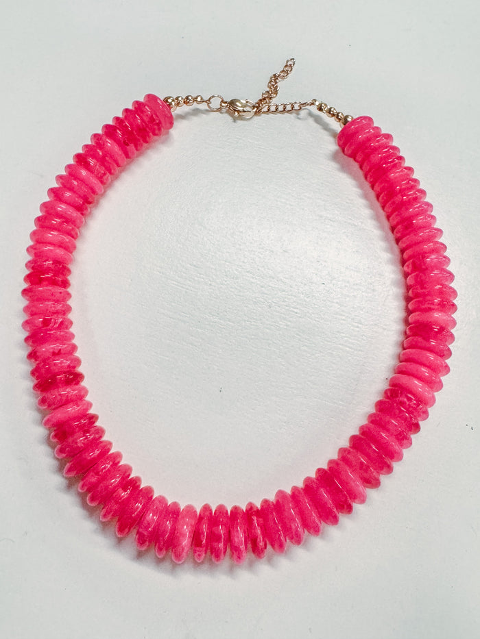 rondelle disk beaded necklace hot pink