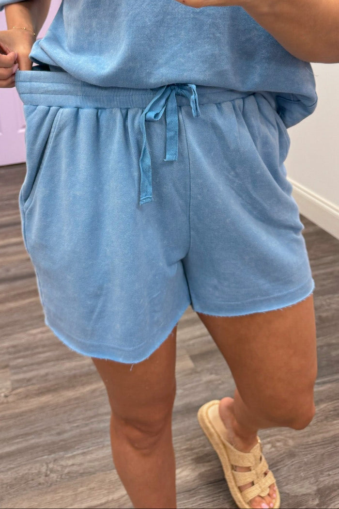 mineral washed solid blue terry knit set with elastic waistband shorts