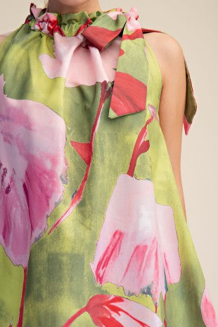 Lime and pink floral print sleeveless mini dress with adjustable drawstring bow tie neck by Glam