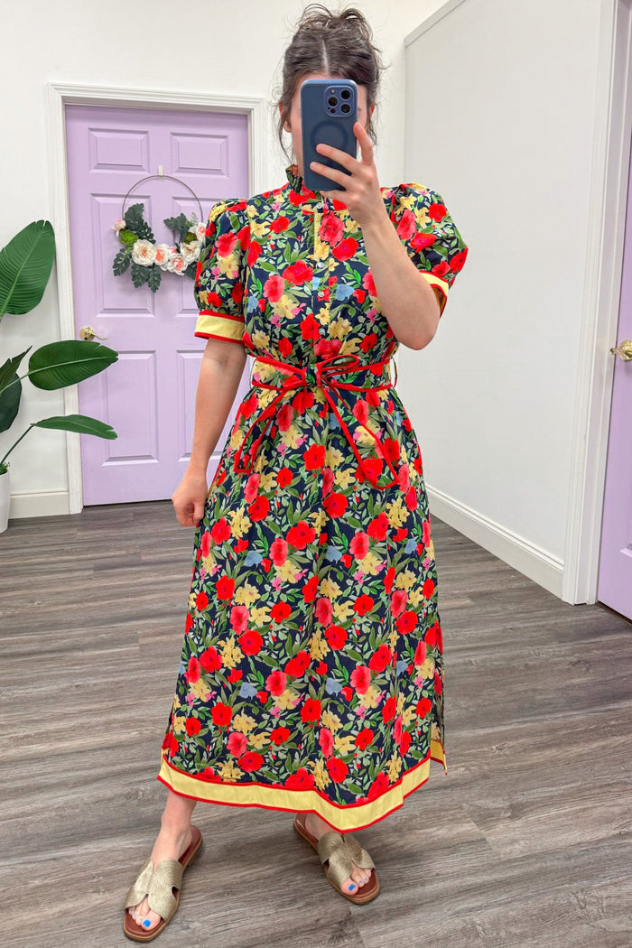navy coral and yellow floral print belted short sleeve poplin midi dress