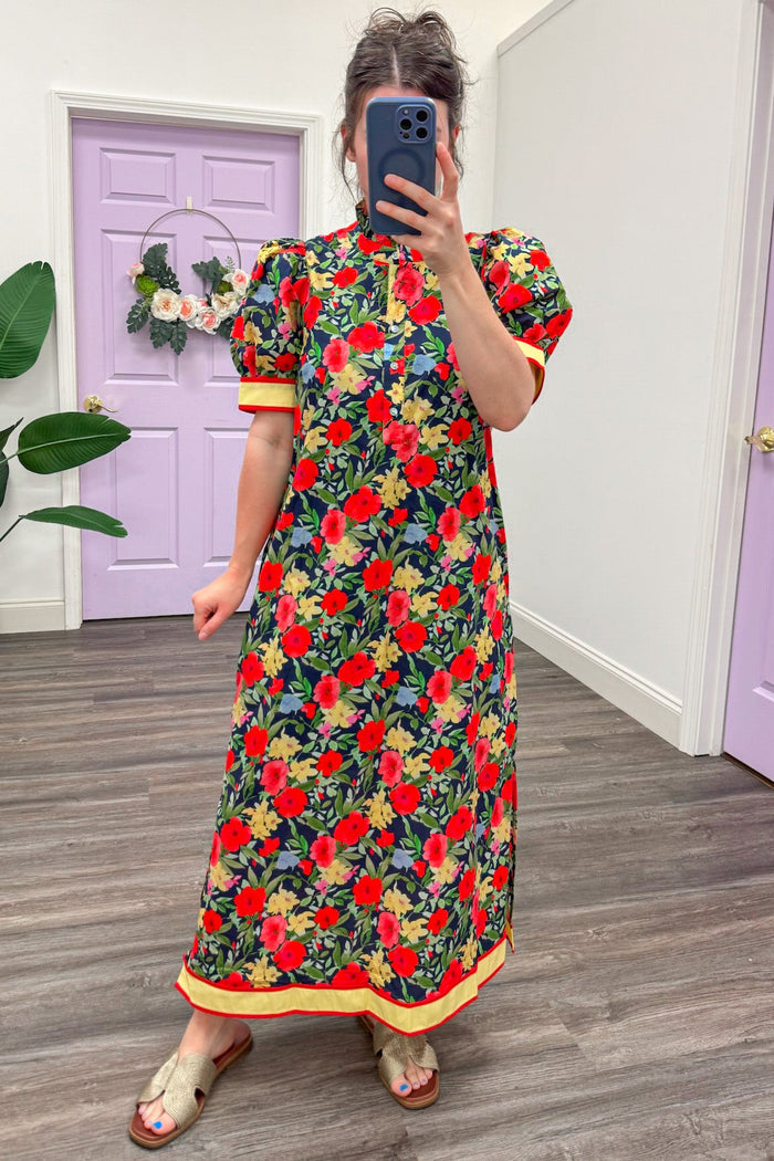 navy coral green and yellow floral print belted short sleeve midi dress