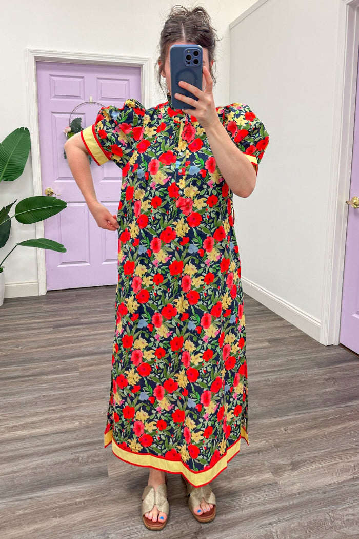 navy coral and yellow floral relaxed silhouette short sleeve midi dress
