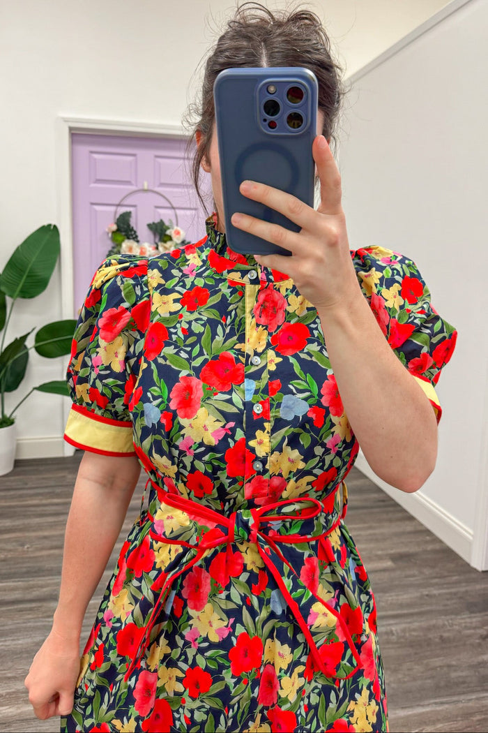 navy coral and yellow floral button front bodice short sleeve midi dress