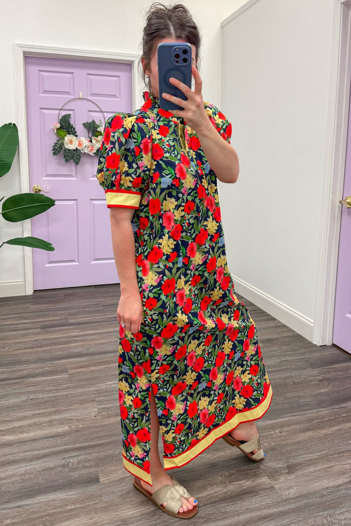 navy coral and yellow floral short sleeve midi dress with side slits at bottom hem