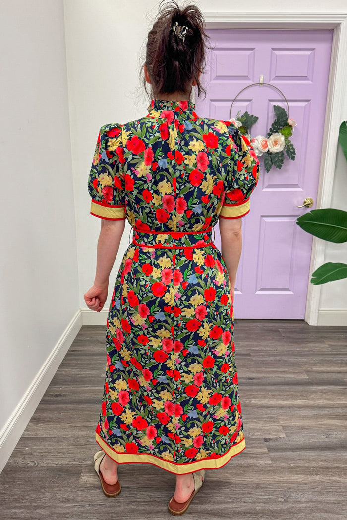 navy coral and yellow floral midi dress with removable self tie waist belt