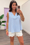 blue and white chevron striped sleeveless v neckline top