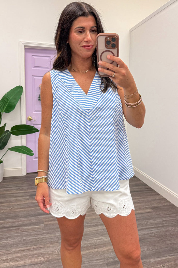 blue and white chevron striped sleeveless v neckline top