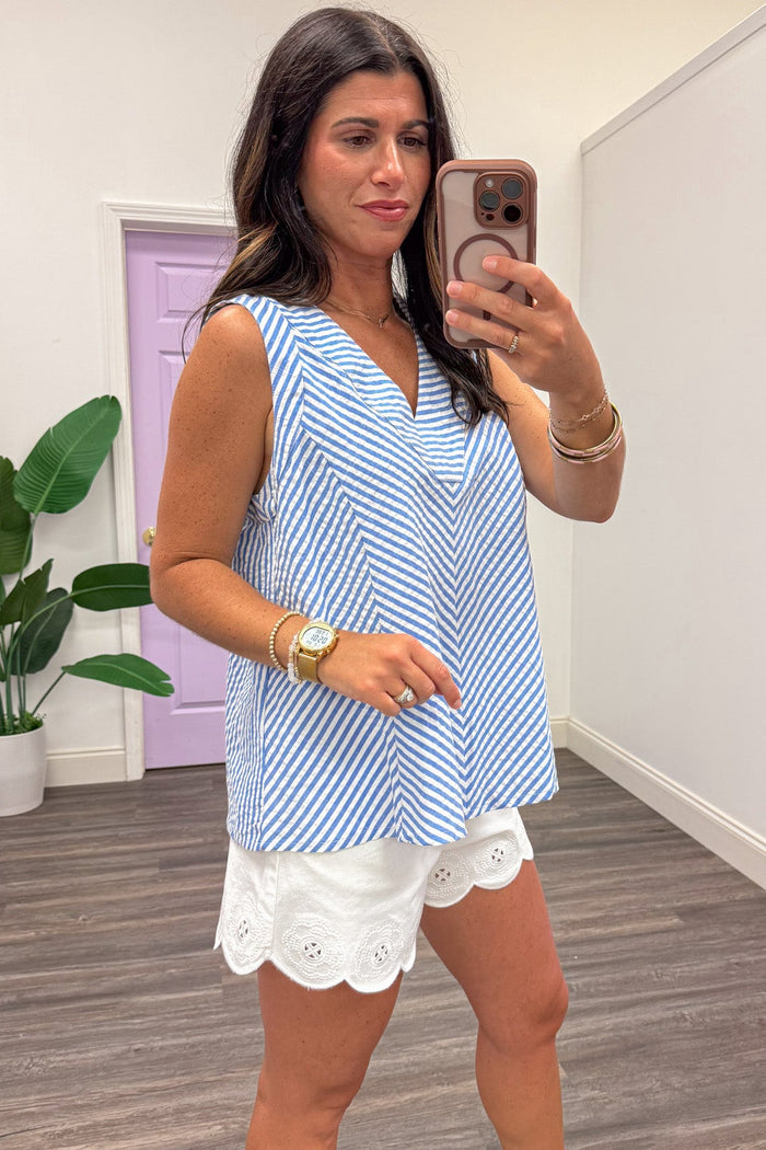 blue and white chevron striped sleeveless soft v neckline top