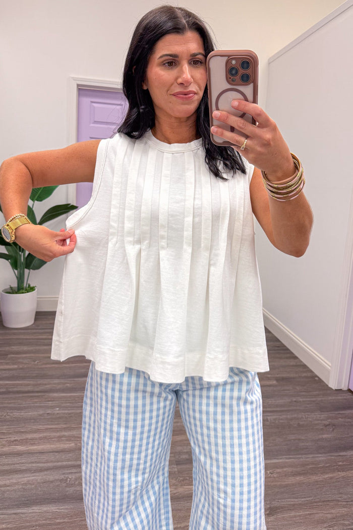 solid white bodice pintuck detail cotton top relaxed boxy silhouette
