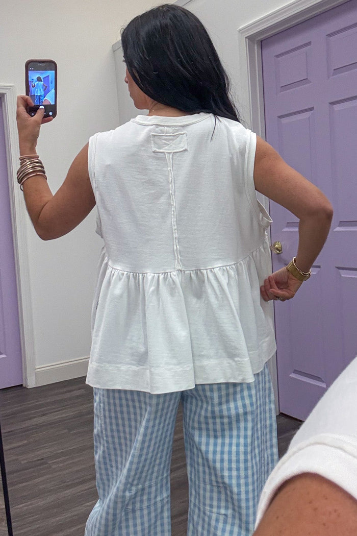 solid white bodice pintuck sleeveless cotton top with reverse seam details