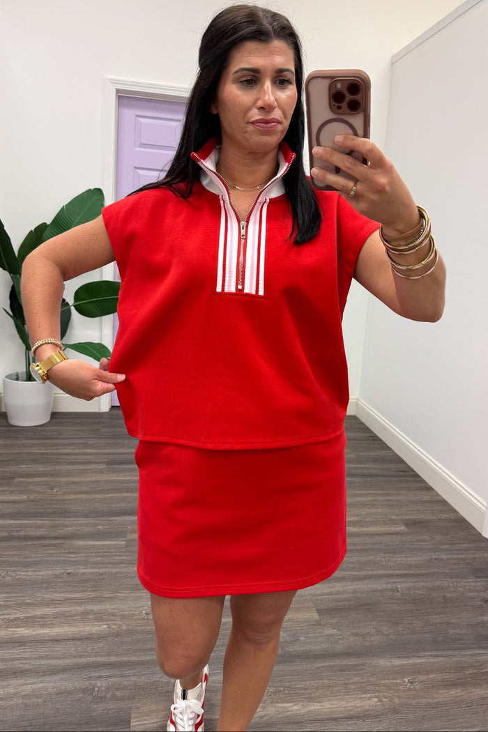 red knit active set pink and cream striped trim with half zip sleeveless top