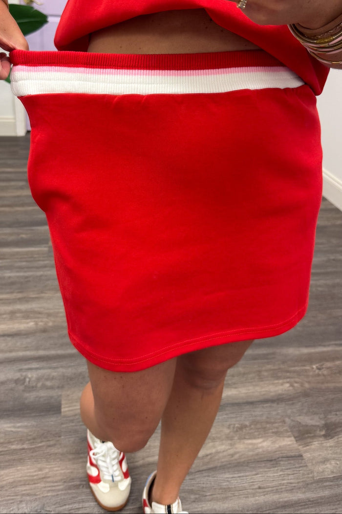red knit active set pink and cream striped trim with elastic waistband skirt