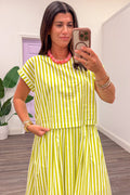 lime green and cream striped poplin semi-cropped top