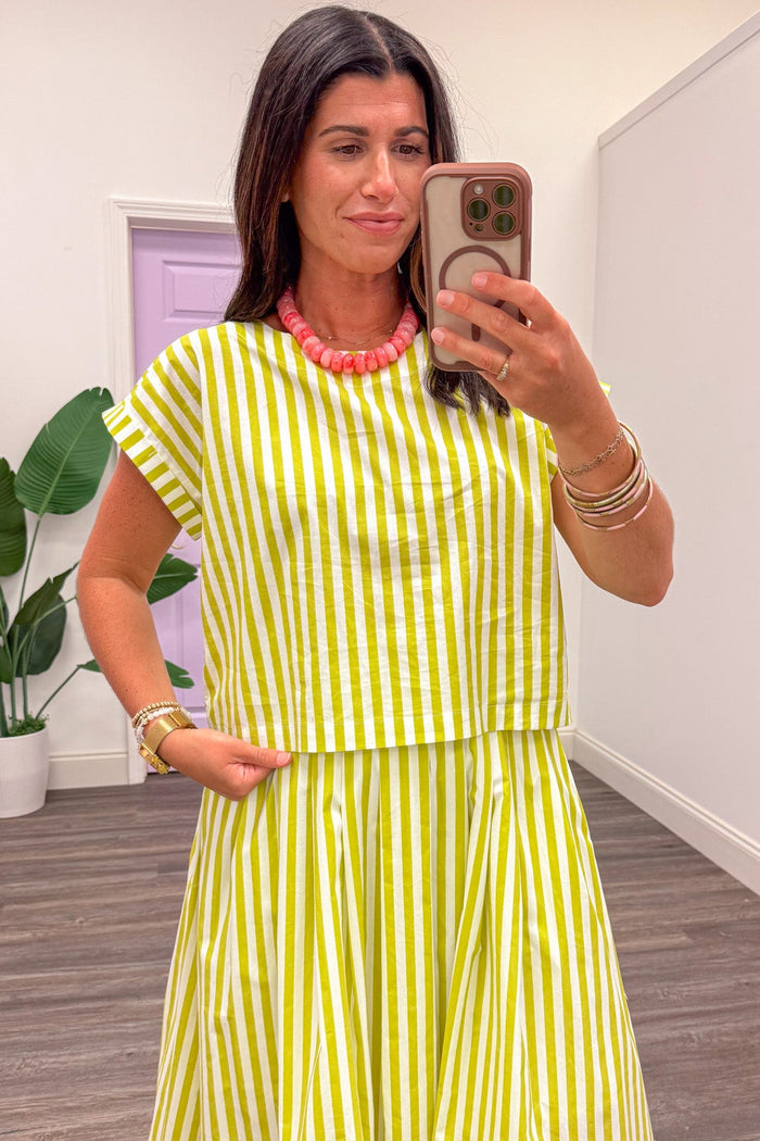 lime green and cream striped poplin semi-cropped top