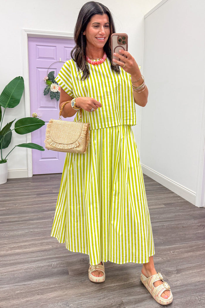 lime green and cream striped poplin semi-cropped short sleeve top