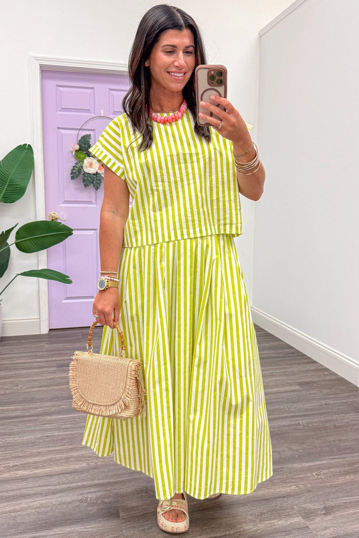 lime green and cream striped poplin semi-cropped crew neckline top
