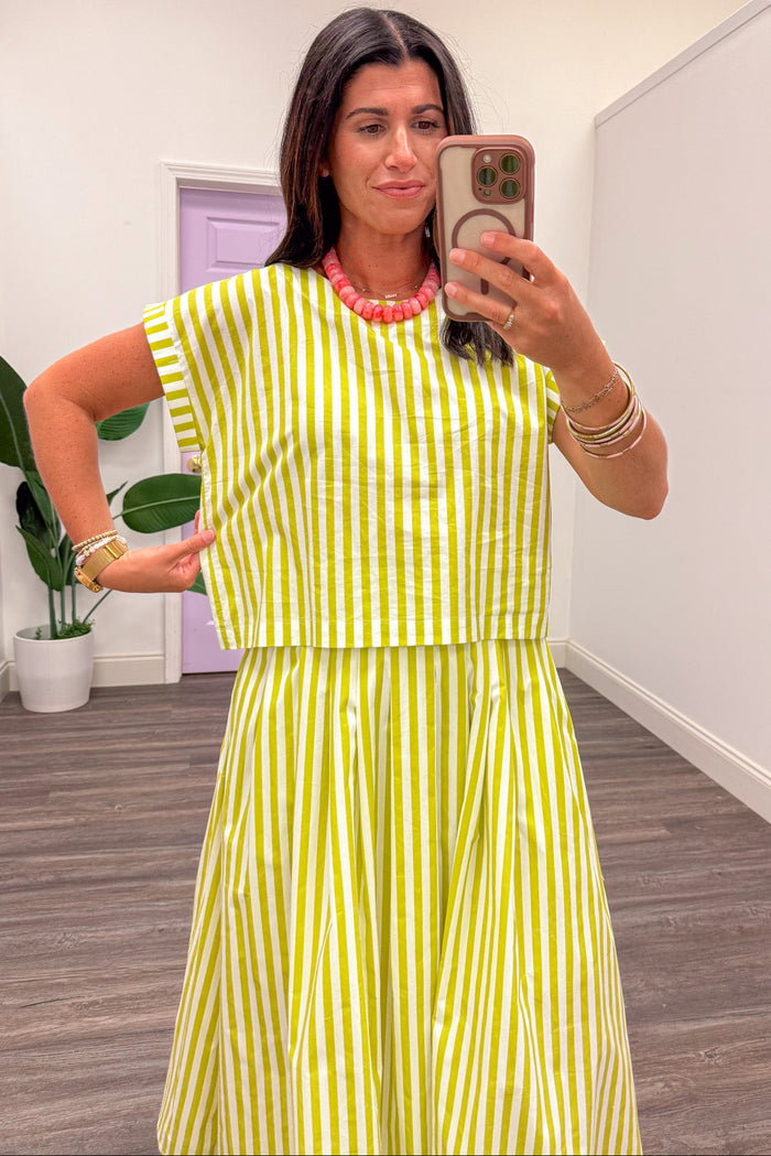 lime green and cream striped semi-cropped relaxed boxy silhouette poplin top