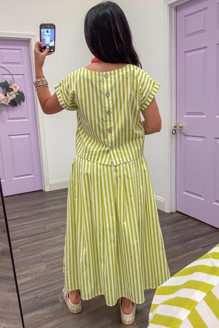 lime green and cream striped semi-cropped back button closure poplin top