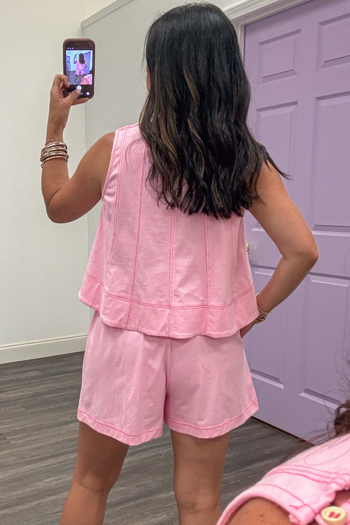 light pink with hot pink stitching sleeveless semi-cropped lightweight knit top