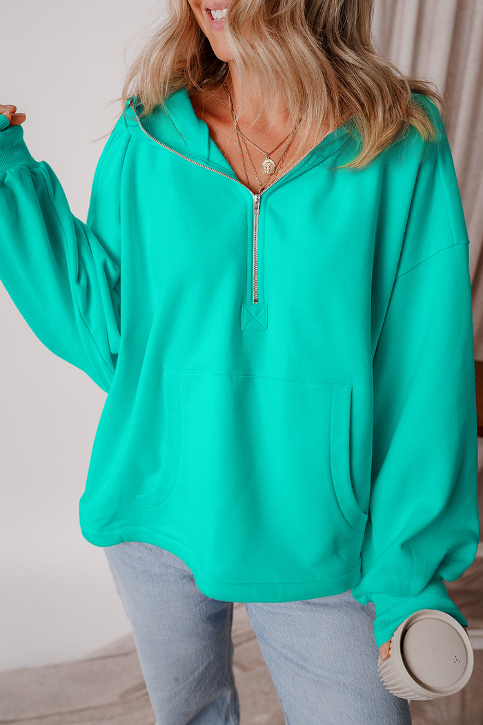 Sweat à capuche ample bleu Aruba doublé en polaire avec demi-fermeture éclair et poches kangourou