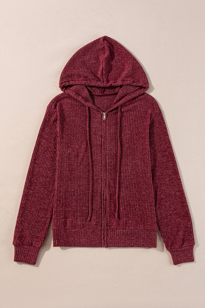Sweat à capuche côtelé avec cordon de serrage et fermeture éclair sur le devant Dahlia rouge