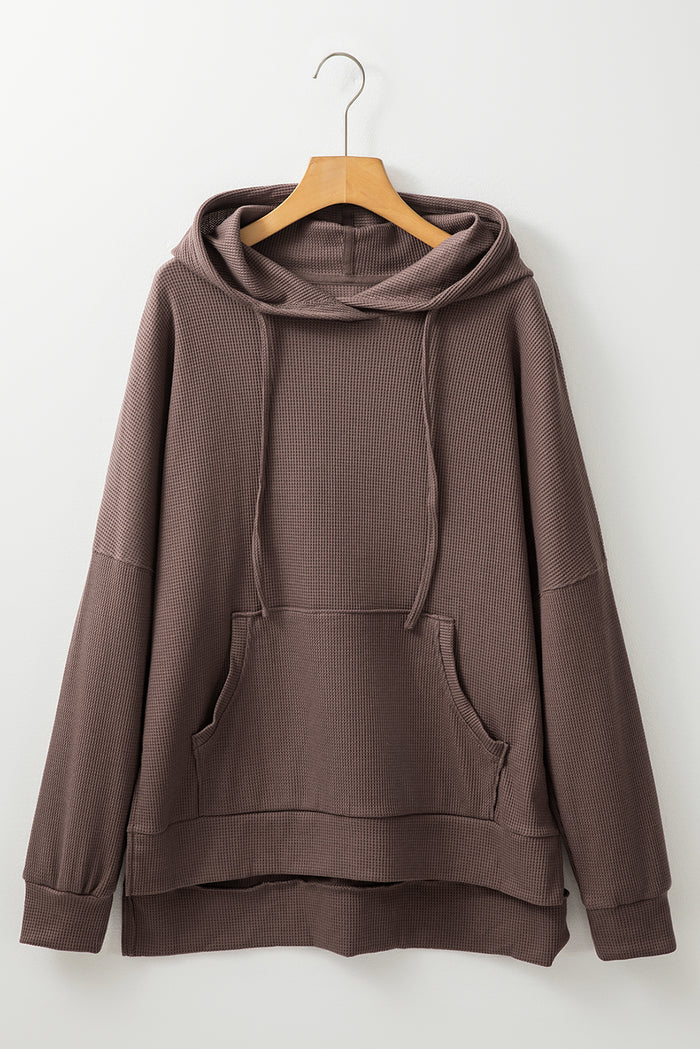 Sweat à capuche surdimensionné haut bas doublé en polaire en tricot gaufré café
