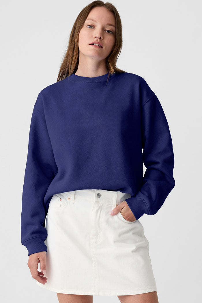 Sweat-shirt à col rond uni bleu marine à épaules tombantes