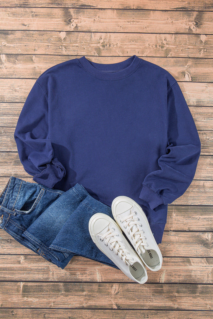 Sweat-shirt à col rond uni bleu marine à épaules tombantes