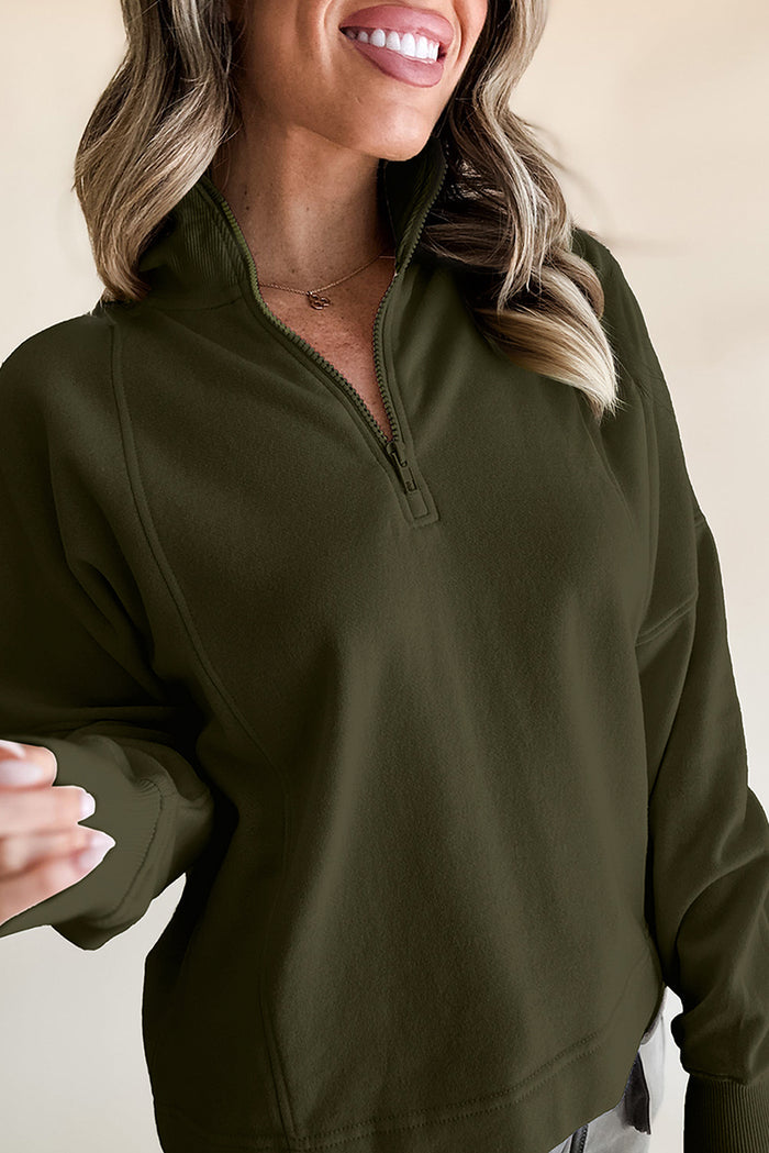 Sweat-shirt à col zippé et épaules tombantes vert jungle