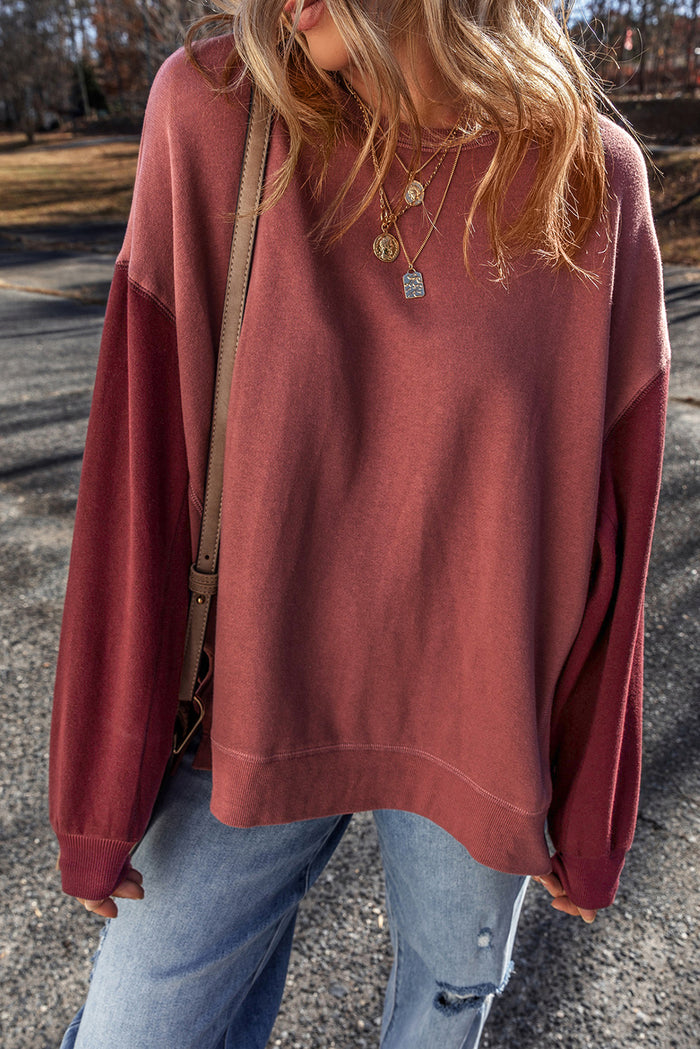 Sweat-shirt à épaules tombantes en patchwork bicolore rouge minéral