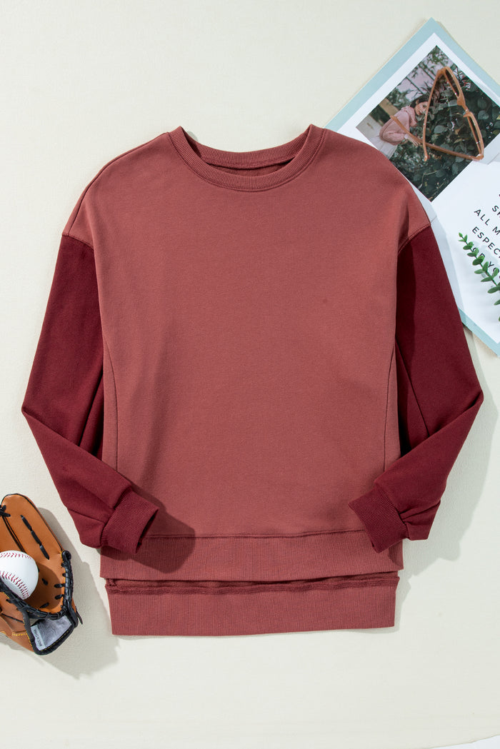 Sweat-shirt à épaules tombantes en patchwork bicolore rouge minéral
