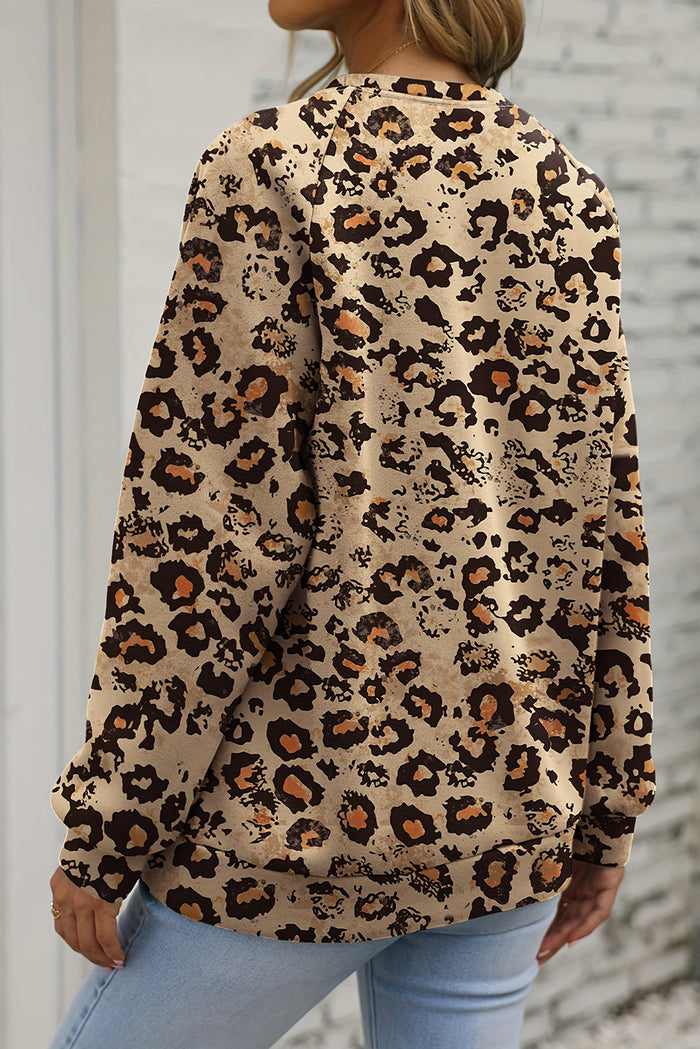 Sweat-shirt à manches raglan blanchi léopard marron