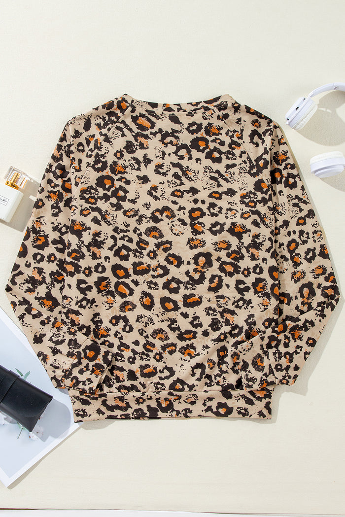 Sweat-shirt à manches raglan blanchi léopard marron
