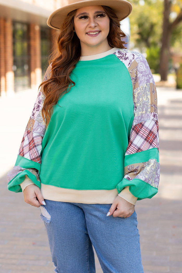 Sweat-shirt à manches raglan et patchwork floral à carreaux de grande taille bleu ciel
