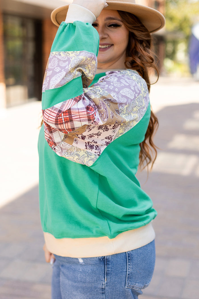 Sweat-shirt à manches raglan et patchwork floral à carreaux de grande taille bleu ciel