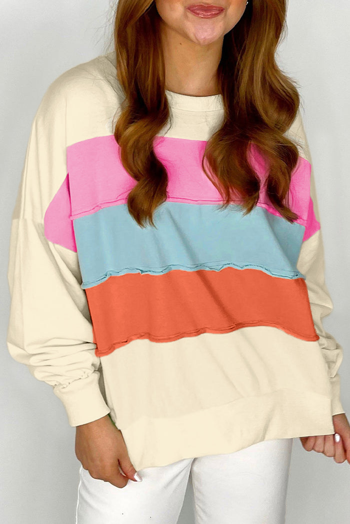 Sweat-shirt blanc à col rond et épaules tombantes en patchwork color block