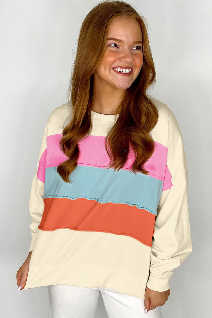 Sweat-shirt blanc à col rond et épaules tombantes en patchwork color block