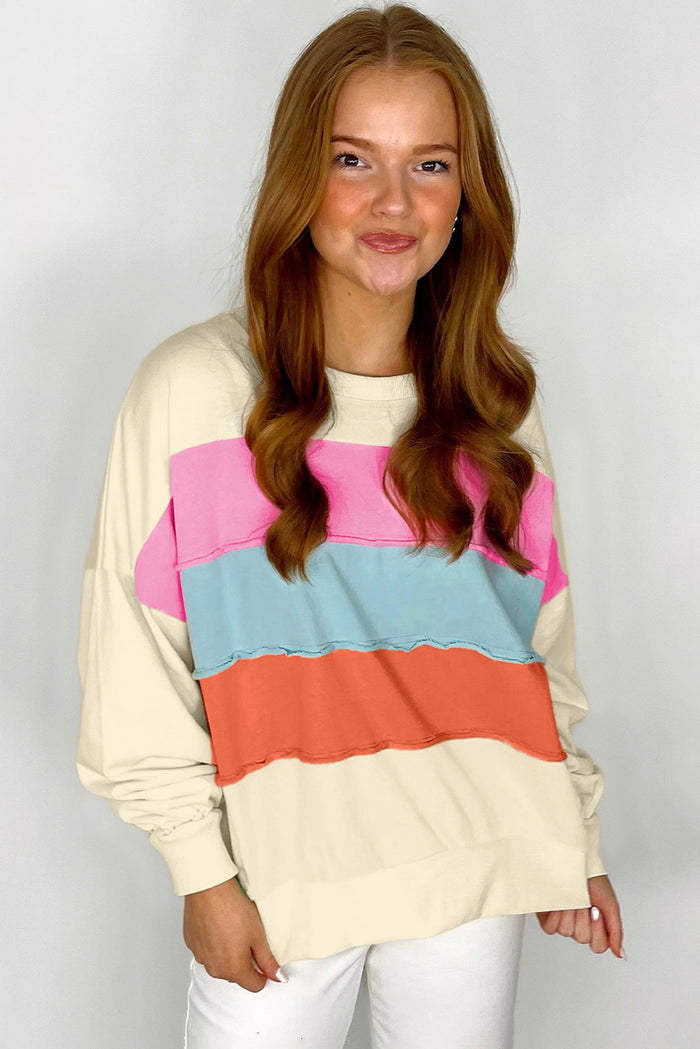 Sweat-shirt blanc à col rond et épaules tombantes en patchwork color block