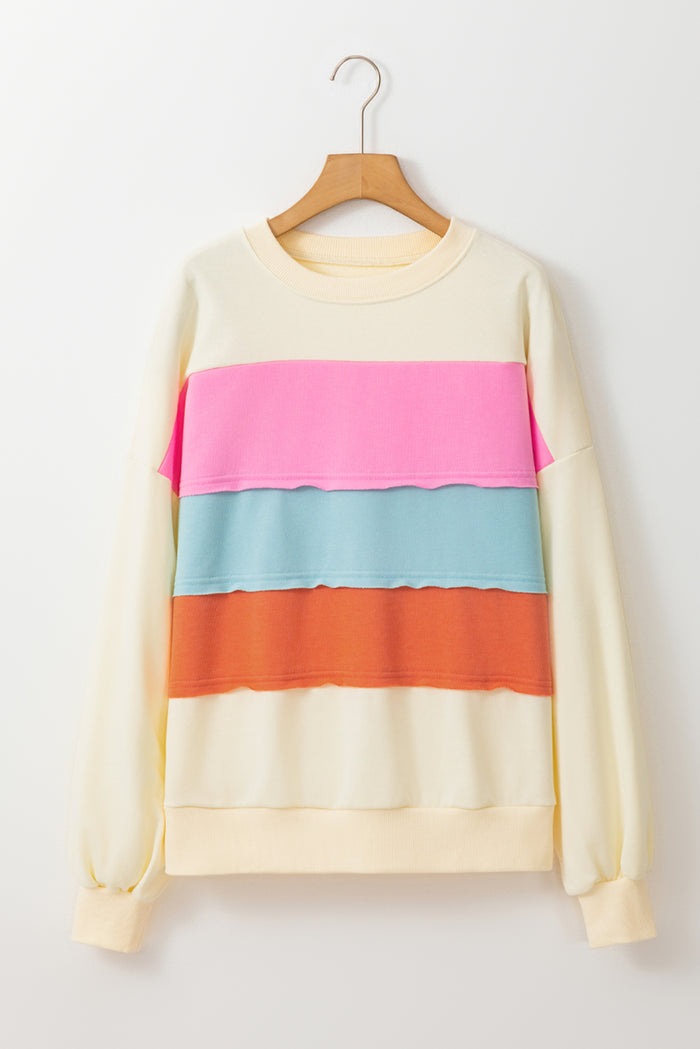Sweat-shirt blanc à col rond et épaules tombantes en patchwork color block