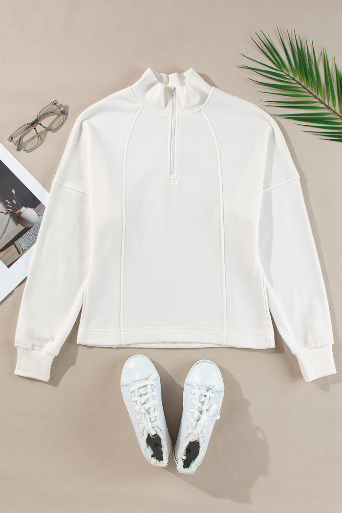Sweat-shirt blanc à col zippé et épaules tombantes