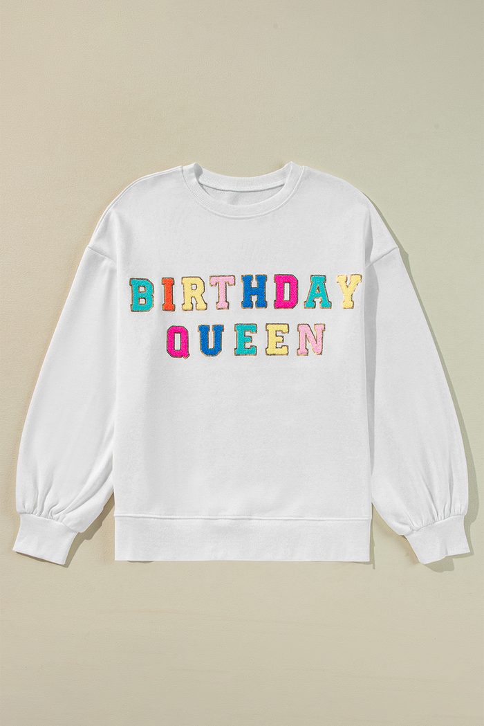 Sweat-shirt blanc à manches ballon et imprimé BIRTHDAY QUEEN