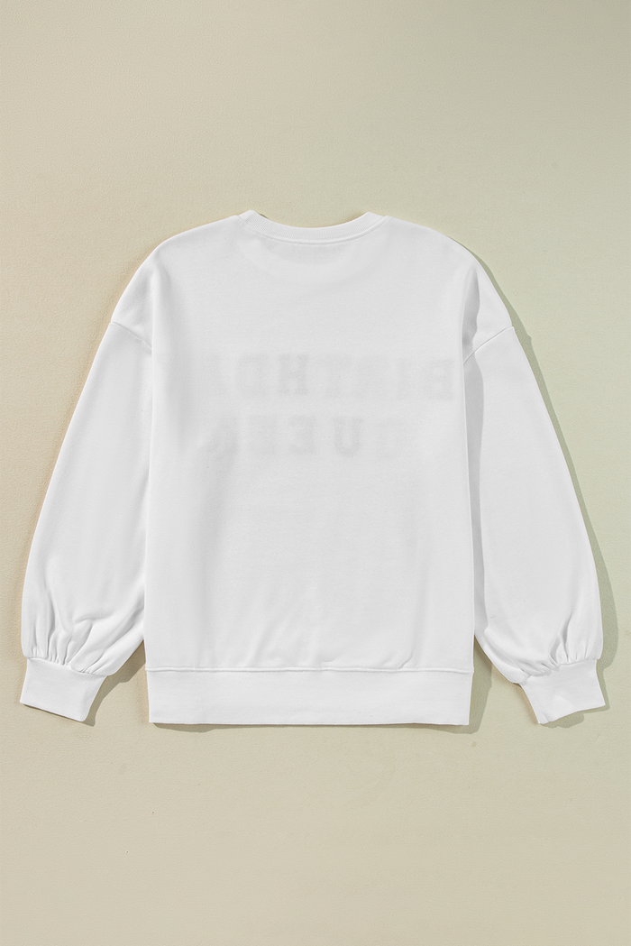 Sweat-shirt blanc à manches ballon et imprimé BIRTHDAY QUEEN
