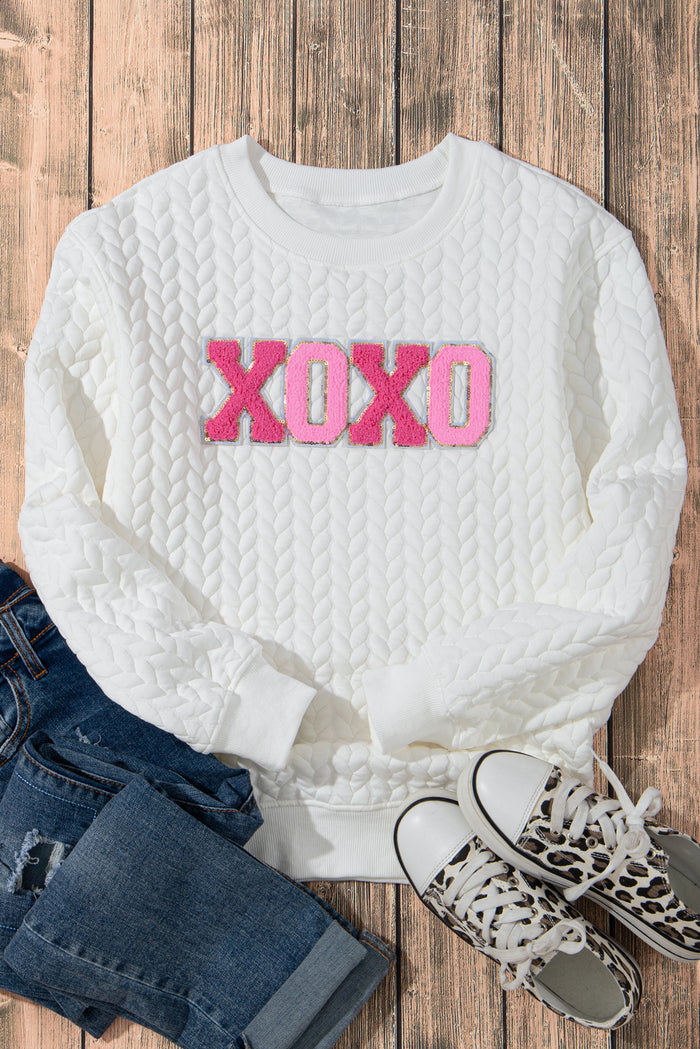 Sweat-shirt blanc en tricot torsadé à paillettes XOXO en chenille