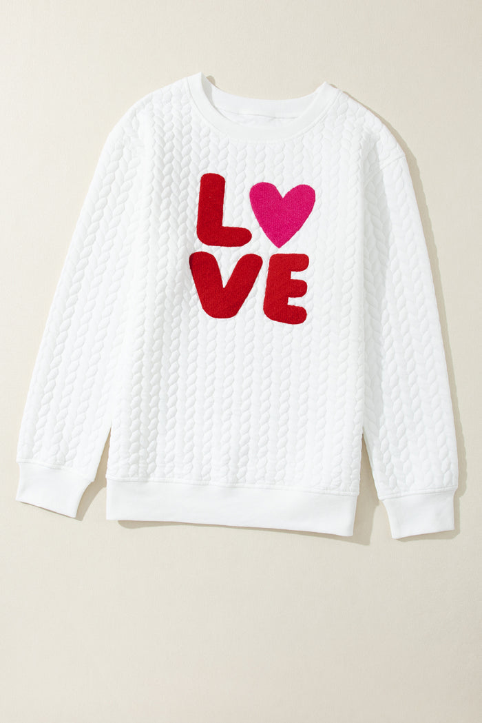 Sweat-shirt blanc en tricot torsadé brodé LOVE Chenille