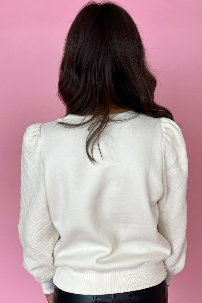 Sweat-shirt blanc uni à manches bouffantes et col rond